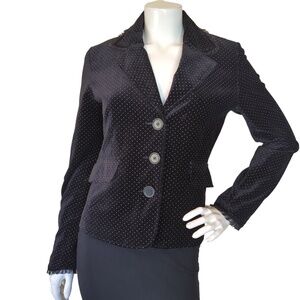 Black Rivet Women’s Black Velvet Goth Polka Dot Lace Trim Blazer Jacket